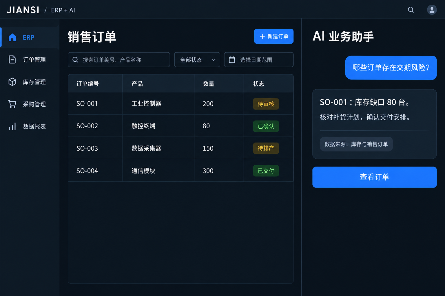 ERP 销售订单工作台与 AI 业务助手协同查询库存和交期风险的概念界面